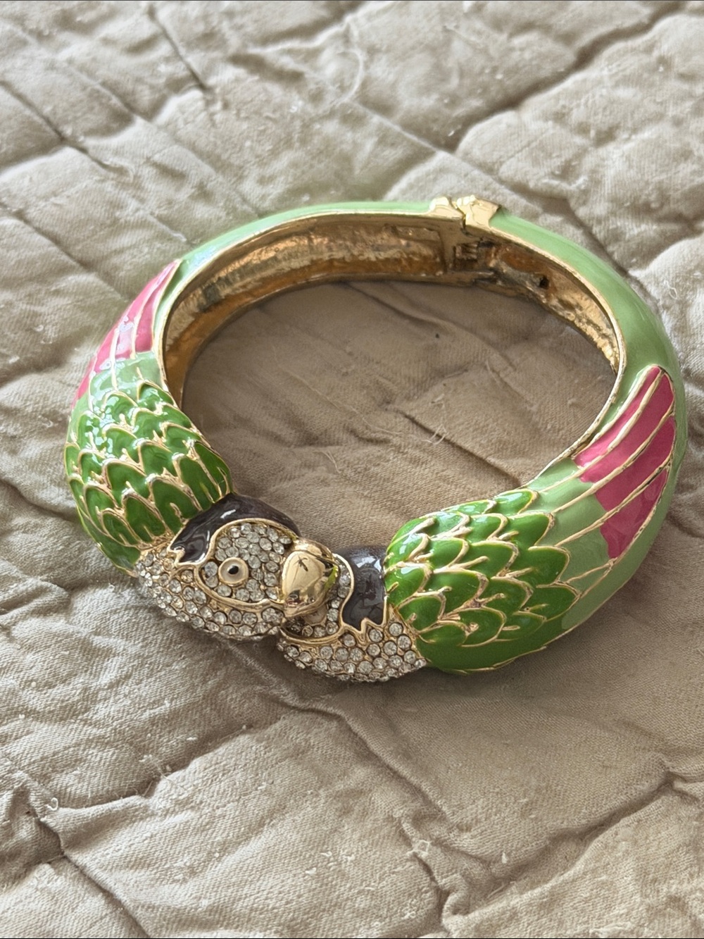 Parrot clamper bracelet green enamel black and pink with crystal gorgeous - Picture 3 of 17